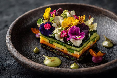 Vegetable salad with edible flowers on dark background. Healthy food concept.の素材