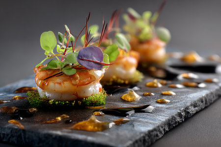 Seafood appetizer on a black stone plate. Restaurant menuの素材