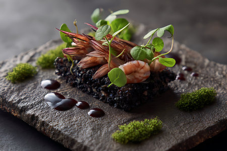 Black caviar with shrimps and greens on black slate plateの素材