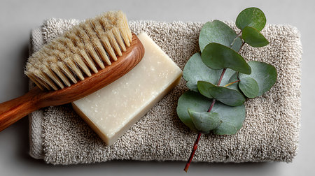 Spa essentials: a gentle wood-handled brush artisan soap and a sprig of eucalyptus grace a soft towel.の写真素材