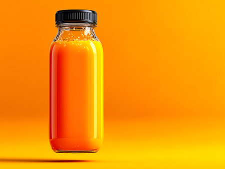 Glass bottle filled with vibrant orange juice capped with a black lid displayed against a vivid orange backdrop.の写真素材