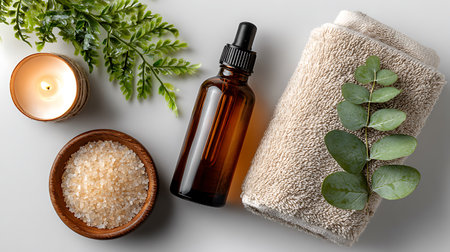 Relaxation and spa scene with candle bath salts essential oil towel and green leaves arranged.