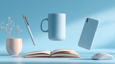 Aesthetic workspace: minimalist composition with notebook pen flower vase mug phone and computer mouse.の写真素材