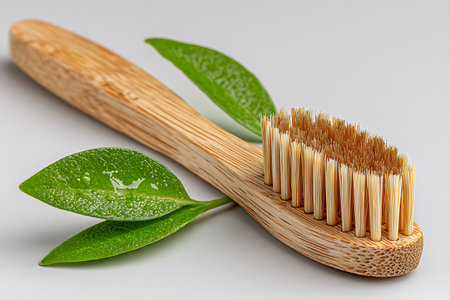 Wooden toothbrush with green leaves on white background. Eco conceptの写真素材