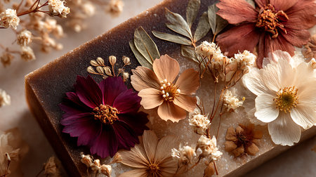 A close-up of a brown bar of soap adorned with delicate colorful pressed flowers and botanicals.の写真素材