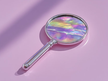 Magnifying glass with iridescent colors under a bright light against a lilac background Close-up view.の写真素材