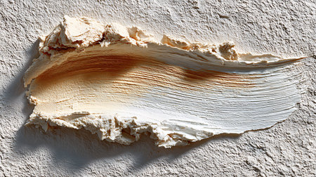 Textured beige and white coating on surface in a swipe style creating a layered aesthetic.の写真素材