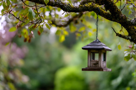 Rustic wooden birdhouse hanging from a mossy tree branch in a peaceful garden providing food for birds.の写真素材
