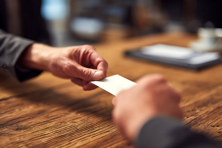 Person exchanging a blank white business card over a rustic wooden table in a formal setting.の写真素材