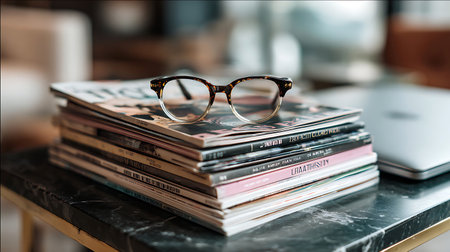 Eyeglasses sit on top of a stack of magazines exuding an aura of understated intellectual flair.の写真素材