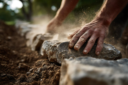A pair of weathered hands carefully position natural stones creating a rustic wall in the sunlight.の写真素材