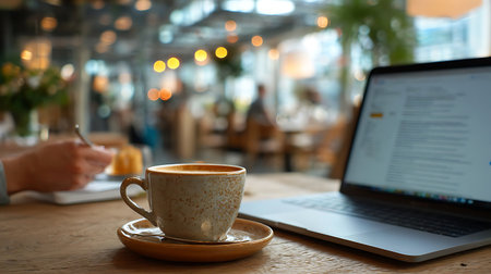 A cup of coffee sits on a wooden table alongside an open laptop in a bright and inviting cafe space.の写真素材