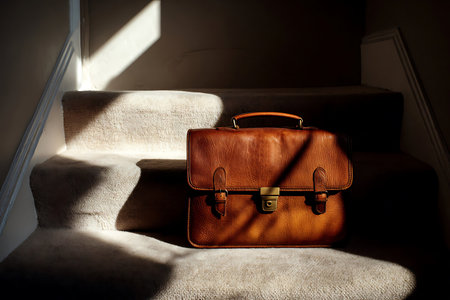 Leather satchel on carpeted stairs basked in light waiting for the next adventure to commence.の写真素材