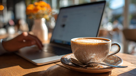 A latte with latte art sits near a laptop on a wooden table sunlight streams in from behind the scene.の写真素材