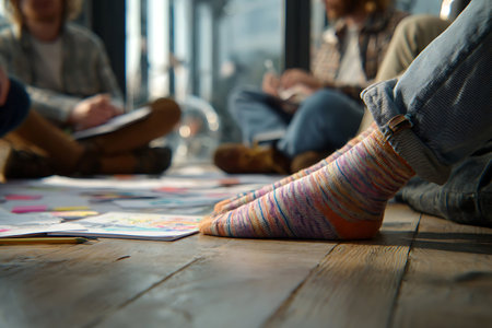 Casual creative meeting on the floor with sketches and design ideas focusing on colorful striped socks.の写真素材
