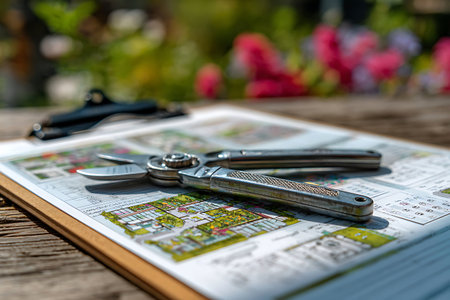 Gardening Tool on Landscape Design: A pair of shears rests on a design plan in a sunlit garden.