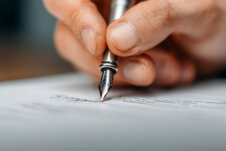 Close-up of a hand using a silver fountain pen to write on paper with meticulous precision and care.