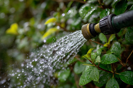 Water streaming from a garden hose nozzle onto green foliage nourishing plants on a sunny day outdoors.の写真素材