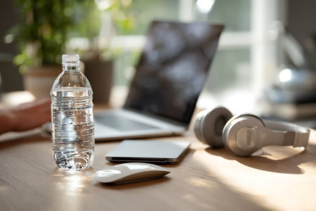 Work from Home setup with laptop headphones mouse and water bottle on a bright sunlit wooden desk.の写真素材