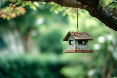 Hanging birdhouse amidst lush greenery offering a charming and peaceful scene of nature's embrace.の写真素材