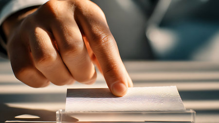 Close-up of a hand reaching for a blank card in a holder bathed in soft light symbolizing connection.の写真素材