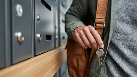 Person holding keys next to mailboxes implying opening or securing mail access or property management.の写真素材