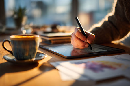 A person is using a stylus on a tablet device accompanied by a warm cup of coffee in a cozy setting.の写真素材