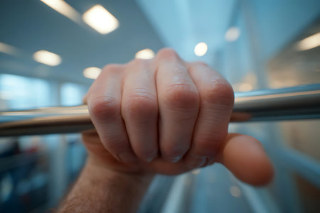 Close-up of a hand gripping a smooth metal rail showcasing a sense of balance and steady support.の写真素材
