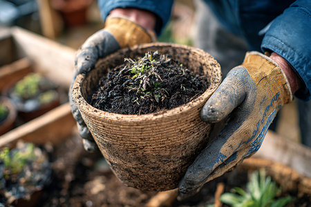 Close-up of gloved hands holding a pot filled with soil and a small plant ready for gardening activity.の写真素材