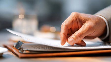 A focused shot of a hand reviewing documents on a clipboard bathed in soft diffused lighting.の写真素材