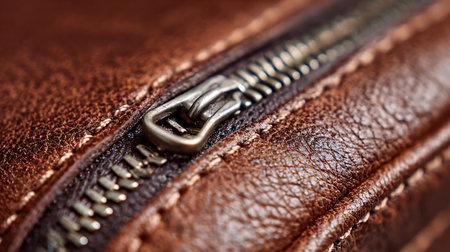 A close-up shot showcases the intricate details of a metal zipper seamlessly integrated into brown...