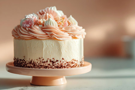 Cake with cream and flowers on a pink background. Selective focus.