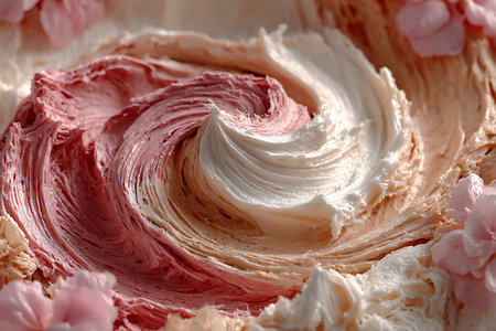 Cake with whipped cream and pink cherry blossoms, closeupの写真素材