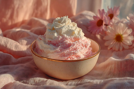 Raspberry ice cream with whipped cream in a bowl on pink backgroundの写真素材