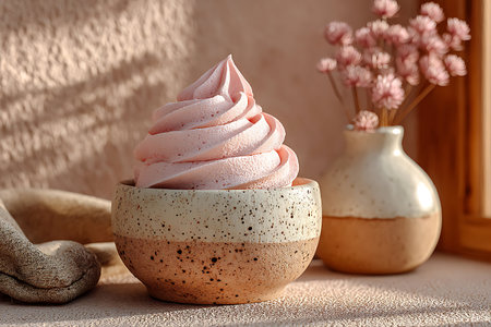 Ceramic vase with delicious marshmallow on table, closeupの写真素材
