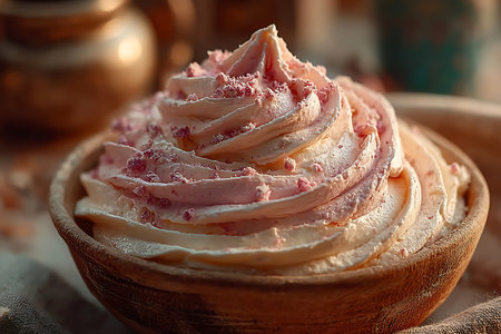 Strawberry meringue in a wooden bowl, selective focusの写真素材