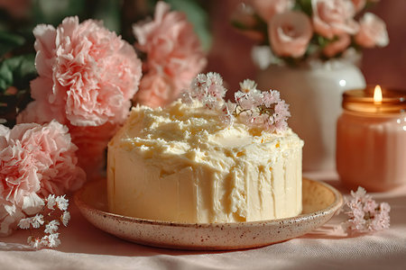 Delicious cake with flowers on plate and burning candle, closeup