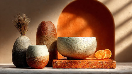 Ceramic vases and orange slices on wooden table in sunlightの写真素材