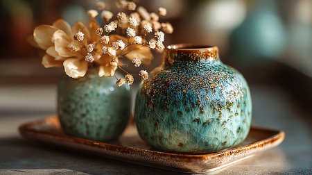 Vintage ceramic vases with dried flowers on a wooden table.の写真素材