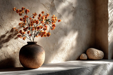 Vase with orange flowers on the wall. 3d rendering.の写真素材