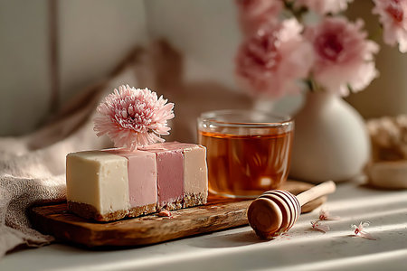 Cup of tea, soap bars and flowers on a white backgroundの写真素材