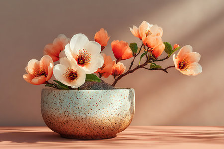 3D render of spring flowers in a pot on a light backgroundの写真素材