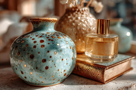 Vase with perfume on the table. Vintage style. Selective focus.の写真素材