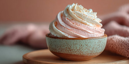 Creamy whipped cream in bowl on wooden table, closeupの写真素材