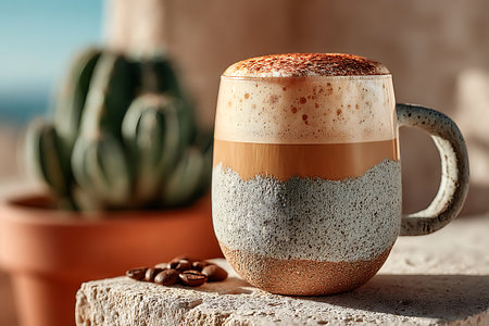 Cappuccino in a ceramic cup with coffee beans on the background of the seaの写真素材