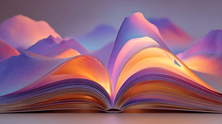 Open book with colorful mountains in the background. 3d rendering.の写真素材