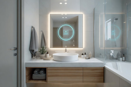 Modern bathroom featuring a smart mirror sleek countertop vessel sink and minimalist design elements.の写真素材