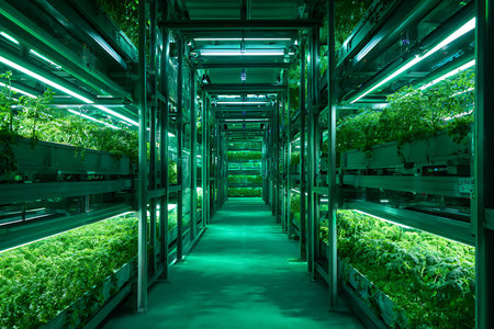 Vertical Farm Interior: Rows of leafy green plants growing under artificial lights in a controlled environment.の写真素材