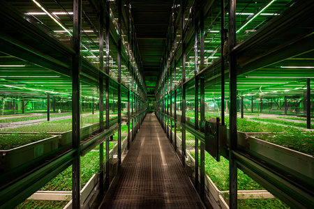 A high-tech indoor vertical farm glows green as crops grow on shelves illuminated by LED lights.の写真素材
