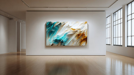 Abstract painting in a museum gallery with hardwood floors and natural light from large windows.の写真素材